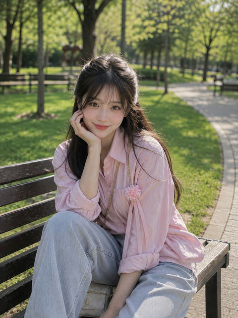 春日公园长椅上的东亚美女 - AI图片提示词示例