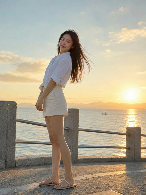 海边夕阳日系清透超写实女性人像 - AI图片提示词示例