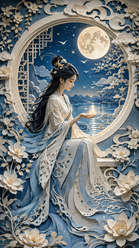 现代东方女性月夜立体纸雕艺术 - AI图片提示词示例