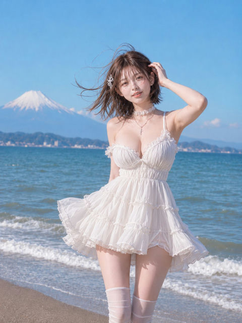 海风中舞动的白色褶边裙少女 - AI图片提示词示例