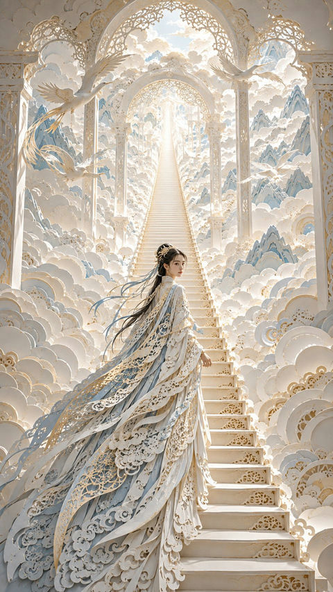 东方女性梦境无尽长阶立体纸雕艺术 - AI图片提示词示例