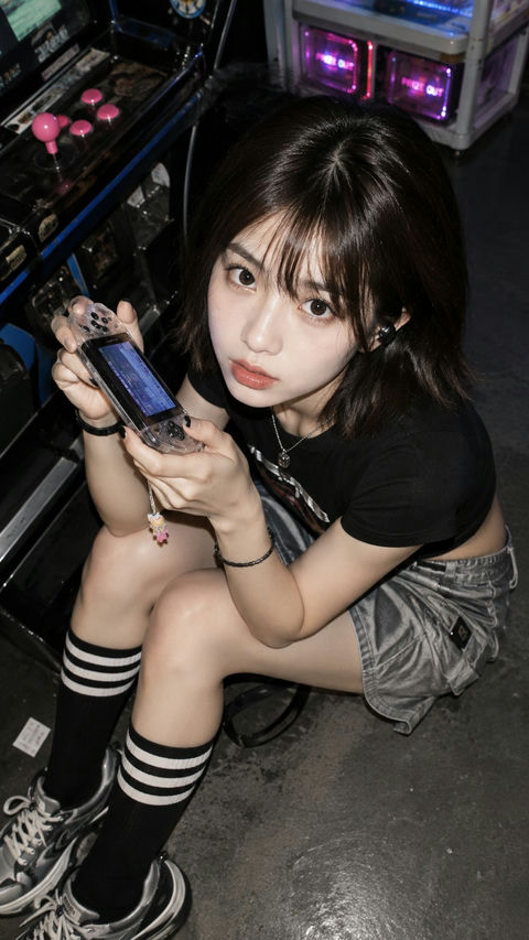 复古数码相机直闪高角度女性写实人像 - AI图片提示词示例