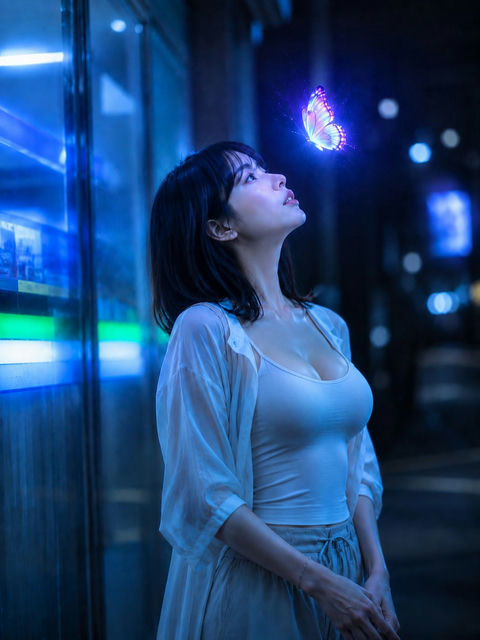 蓝夜中浮起的蝴蝶幻想肖像 - AI图片提示词示例