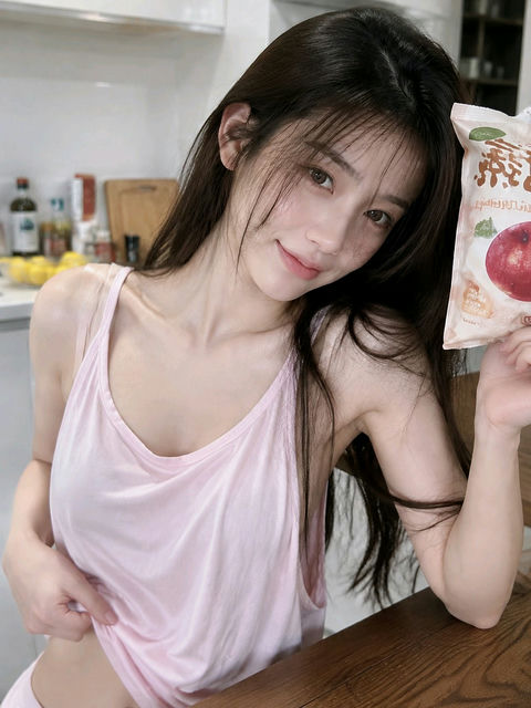 厨房氛围感少女粉色背心写真 - AI图片提示词示例
