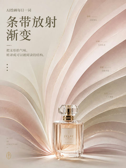 品牌条带放射渐变视觉海报设计 - AI图片提示词示例