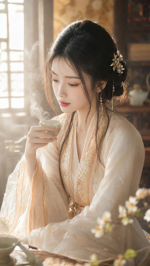 古风仙侠清雅女主写真茶烟暖阁晨光 - AI图片提示词示例