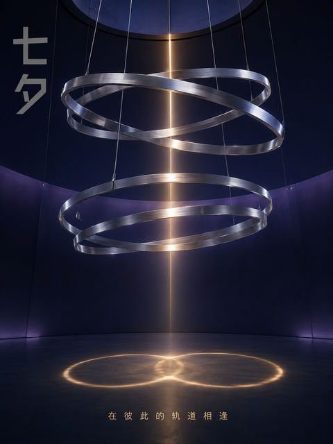 极简金属装置艺术七夕相遇海报 - AI图片提示词示例