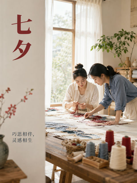 七夕匠心海报：现代女性手作工作室的艺术瞬间 - AI图片提示词示例