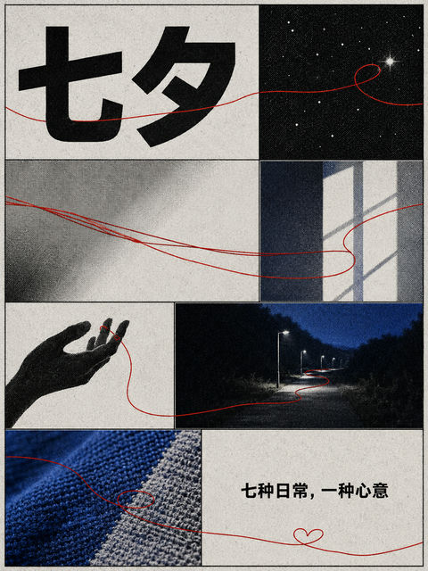 极简报刊风七夕朱红连线海报 - AI图片提示词示例