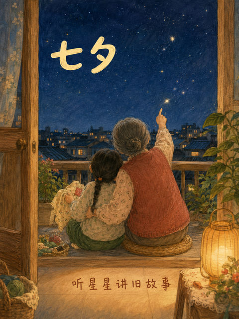 仲夏七夕夜：祖孙共话繁星与指尖的记忆 - AI图片提示词示例