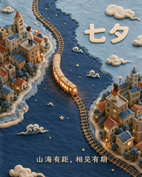 浪漫七夕异地相见微缩黏土创意海报 - AI图片提示词示例