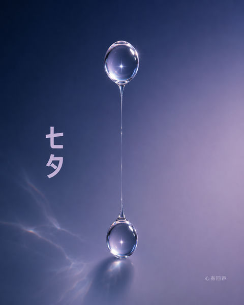 极简七夕：透明水滴与星光折射艺术海报 - AI图片提示词示例