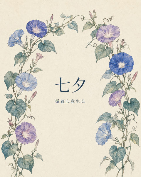 雅致七夕手绘牵牛花植物插画海报 - AI图片提示词示例