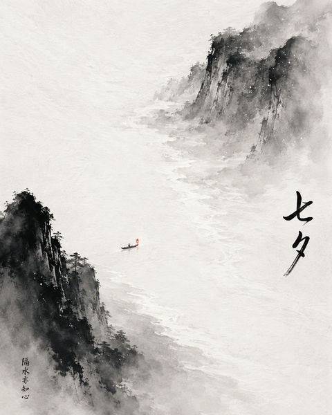 极简水墨意境七夕银河留白海报 - AI图片提示词示例
