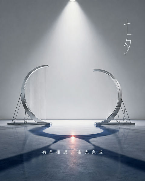 纯白空间下光影交汇的七夕海报 - AI图片提示词示例
