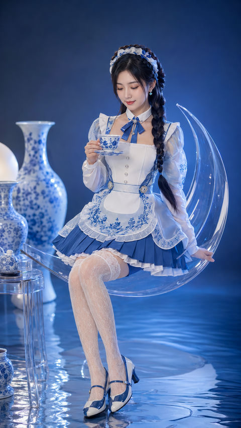 青花瓷韵现代女仆清雅棚拍大片 - AI图片提示词示例