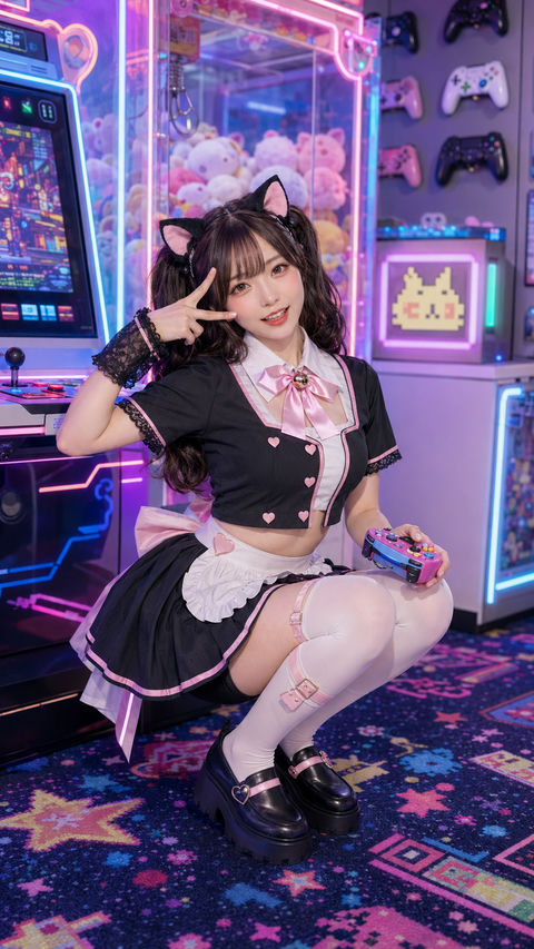 霓虹电竞房内的黑粉猫耳萌系女仆写真 - AI图片提示词示例