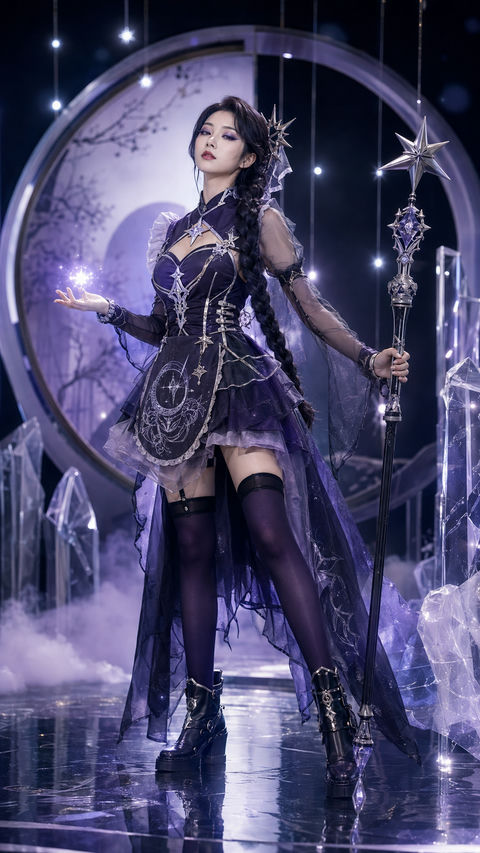 墨紫星尘：东方幻想风现代机能女仆人像 - AI图片提示词示例