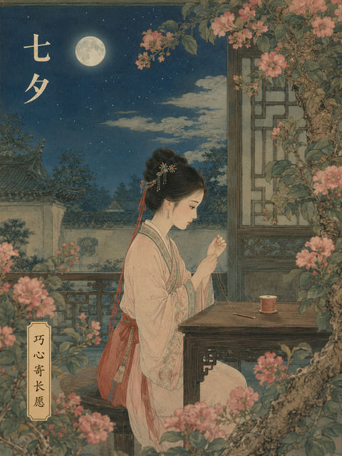 庭院月下乞巧工笔重彩七夕海报 - AI图片提示词示例