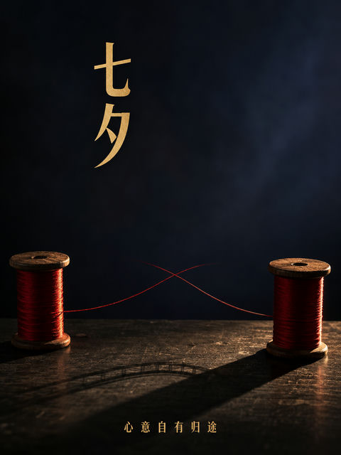 极简红丝线鹊桥投影七夕摄影海报 - AI图片提示词示例