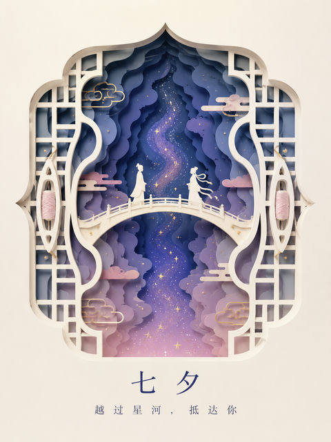 七夕纸雕星河彼岸唯美浪漫海报 - AI图片提示词示例