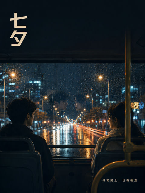 雨后公交车窗外的都市七夕纪实海报 - AI图片提示词示例