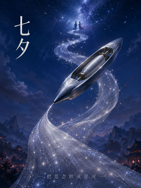 梭织星河：七夕超现实主义浪漫美学海报 - AI图片提示词示例