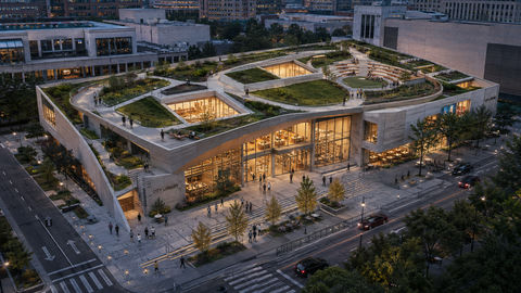 城市绿洲：升起在街道之上的立体图书馆 - AI图片提示词示例