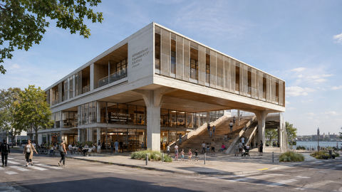 滨水城市客厅：现代社区文化中心建筑摄影 - AI图片提示词示例