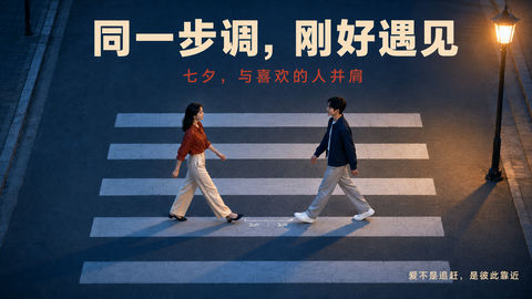 同一步调的浪漫：蓝调城市的七夕时尚海报 - AI图片提示词示例