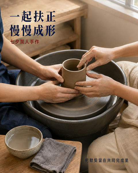 七夕指尖温情：陶艺手作工坊纪实海报 - AI图片提示词示例