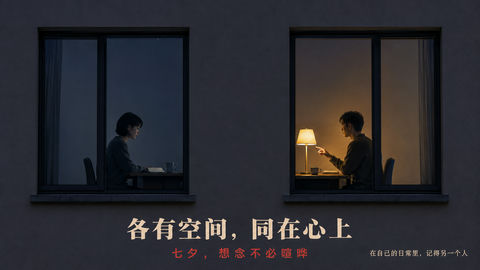 七夕克制美学下的都市窗扉叙事海报 - AI图片提示词示例