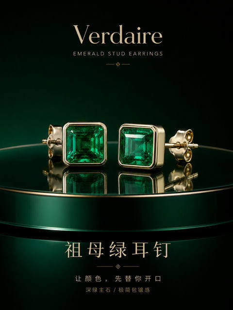 翡冷翠之眼：Verdaire 祖母绿耳钉海报 - AI图片提示词示例