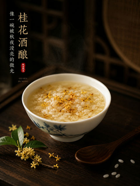 秋夜微光中式写实甜品桂花酒酿海报 - AI图片提示词示例