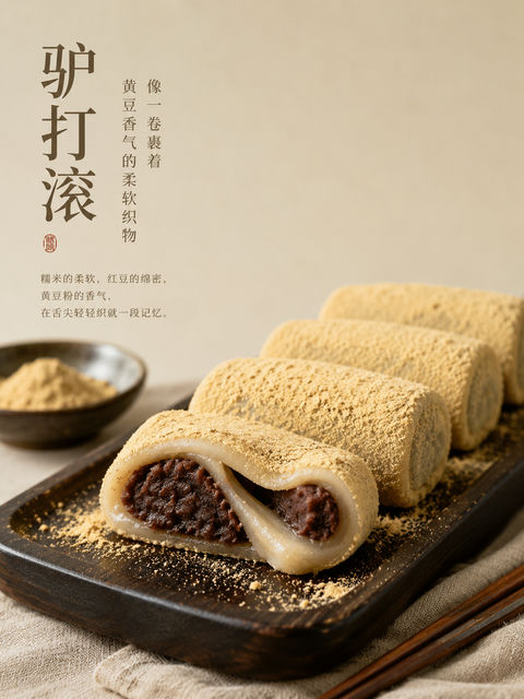 中式美学驴打滚红豆软糯点心海报 - AI图片提示词示例