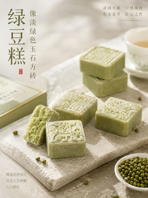 翡翠莹润中式绿豆糕高端礼盒海报 - AI图片提示词示例