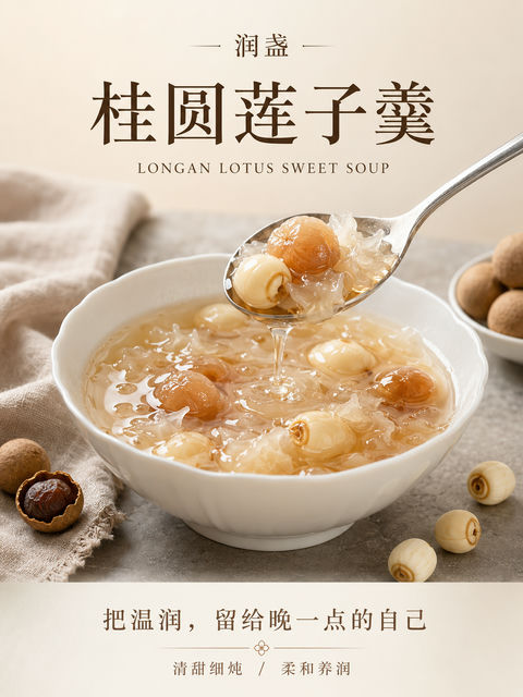 润盏桂圆莲子羹高级感中式甜品海报 - AI图片提示词示例