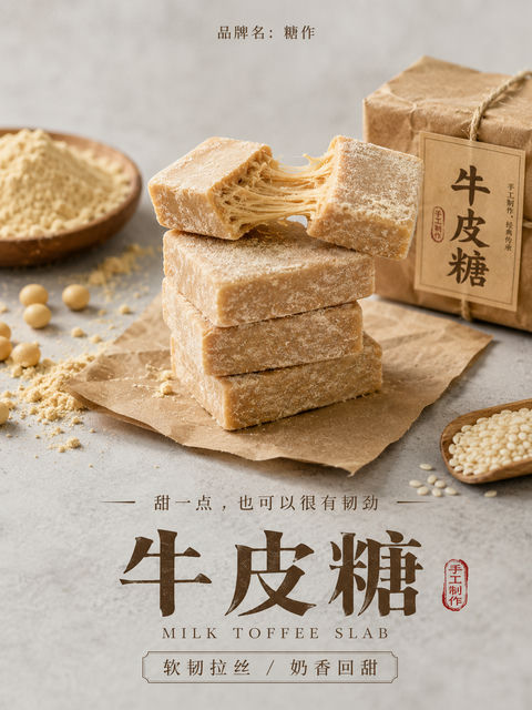 极简新中式牛皮糖高端手作海报 - AI图片提示词示例