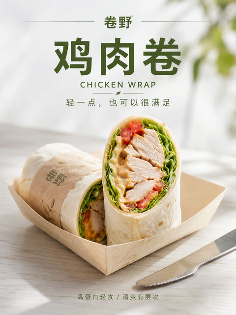 质感高级的卷野鸡肉卷轻食宣传海报 - AI图片提示词示例