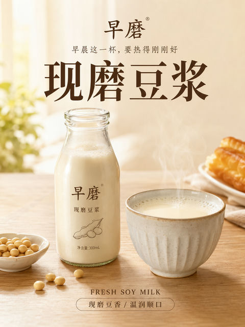 温暖晨光下的现磨豆浆高级写实广告 - AI图片提示词示例