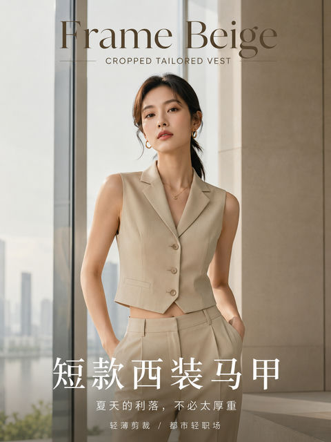 都市轻职场浅卡其短款西装马甲时尚海报 - AI图片提示词示例