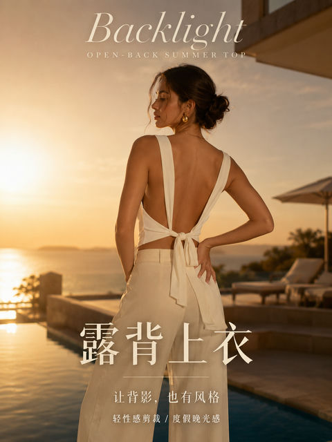 暮色度假风高级露背上衣时尚海报 - AI图片提示词示例