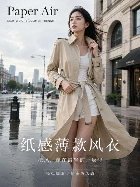 纸感风衣都市雨后时尚海报 - AI图片提示词示例