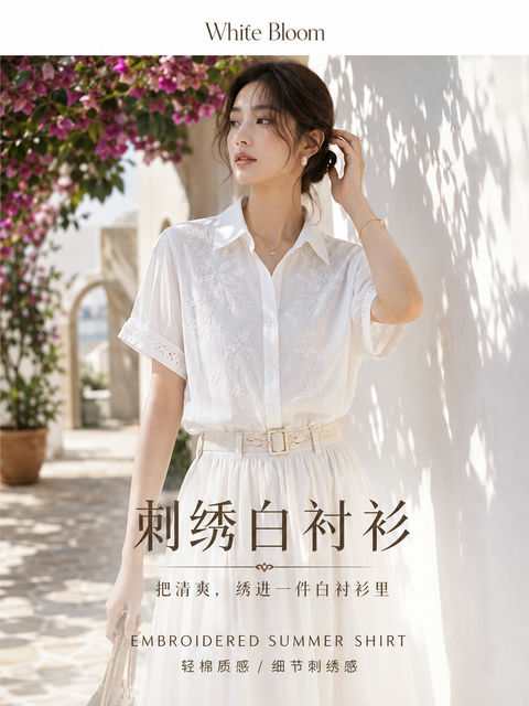 清爽夏日高端白衬衫刺绣时尚海报 - AI图片提示词示例