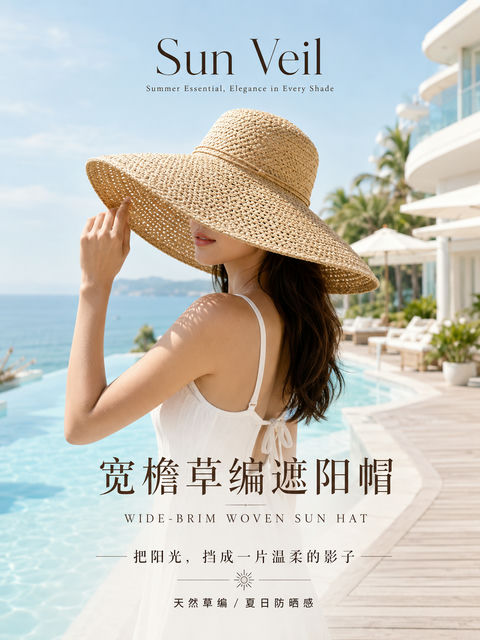 极简夏日防晒美学宽檐草帽时尚海报 - AI图片提示词示例