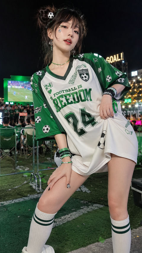 世界杯绿茵女孩日系街拍写真 - AI图片提示词示例