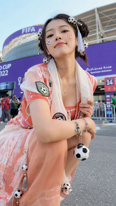 古风足球宝贝：世界杯场馆外的元气少女 - AI图片提示词示例