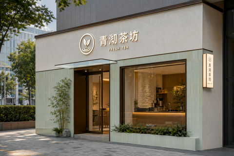 清新东方美学青沏茶坊新式店面设计 - AI图片提示词示例