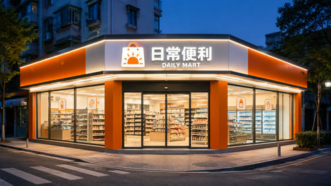 现代简约日常便利店转角门头设计 - AI图片提示词示例