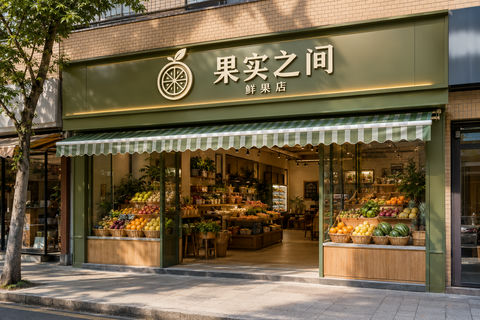 果实之间现代美学精品水果店门头设计 - AI图片提示词示例